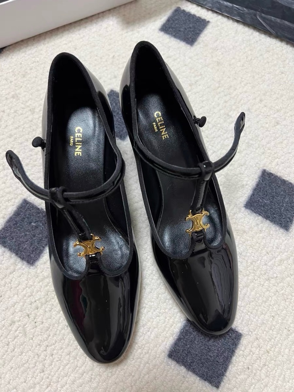 Celine Black Patent Mary Jane Pumps with Gold Logo Detail